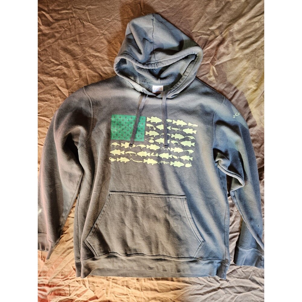 Columbia Hoodie Men’s Large Gray Fishing Fish Flag Graphic Fleece Sweatshirt PFG